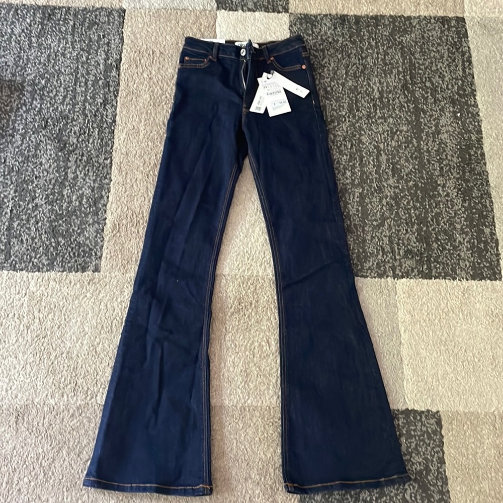 zara high waist skinny flare in zack blue jeans